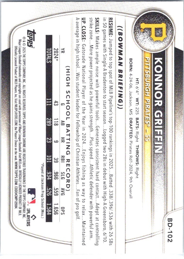 Konnor Griffin – ROOKIE – PREMIUM INVESTMENT CARD PIRATES MINT – NEW