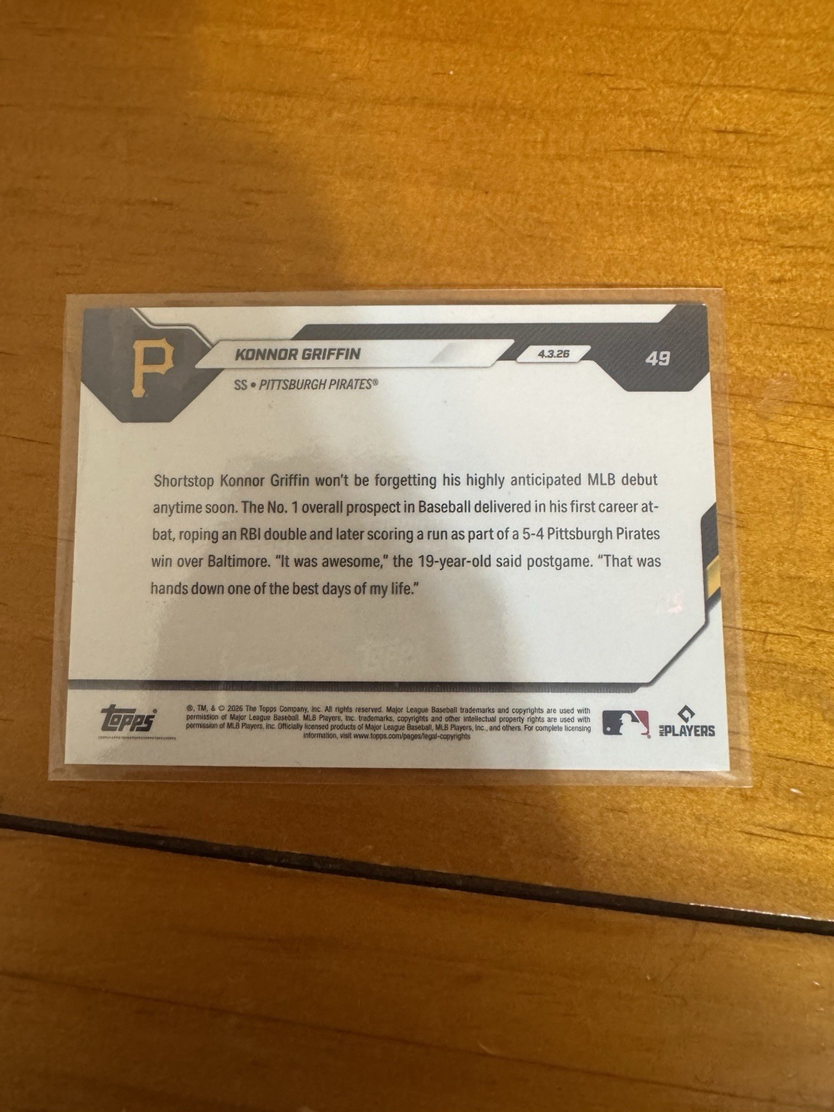 Konnor Griffin RC Pirates 2026 MLB Topps NOW Card #49 Rookie Debut – QTY