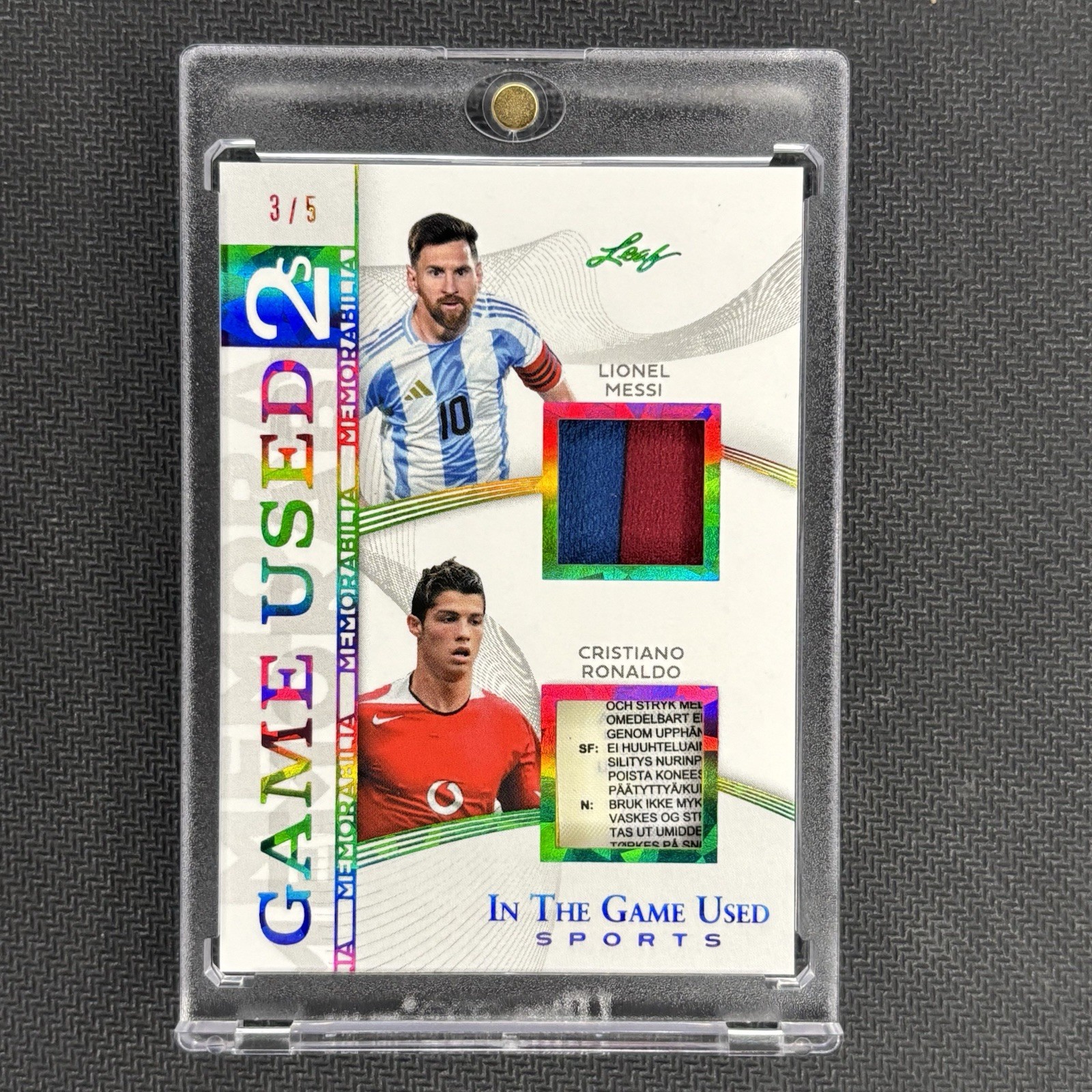 2025 LEAF IN THE GAME USED LIONEL MESSI CRISTIANO RONALDO PATCH LAUNDRY TAG /5