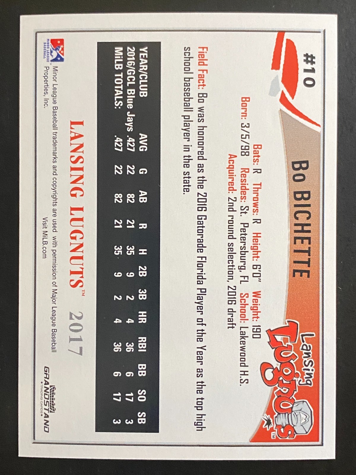 Bo Bichette 2017 Lansing Lugnuts Grandstand Minor League Prospect #10 Blue Jays