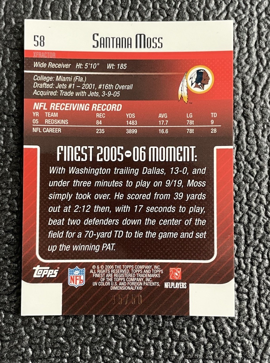 🔥SANTANA MOSS 2006 TOPPS FINEST GREEN XFRACTOR #’d /50!🔥REDSKINS!