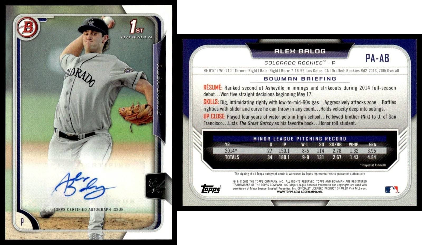 2015 Bowman Prospects Autographs ALEX BALOG #PA-AB Colorado Rockies