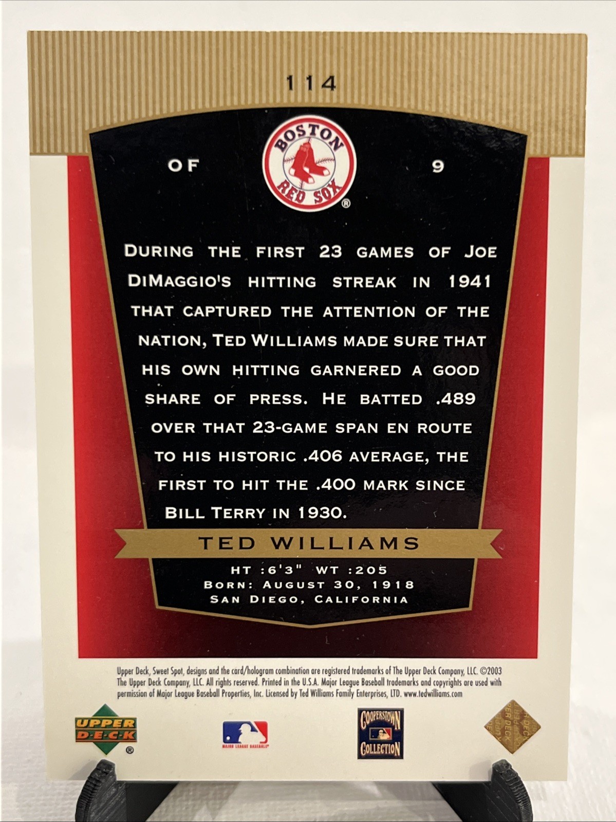 2003 Upper Deck Sweet Spot Classic Ted Williams #114 /1941 Teddy Ballgame (L6)