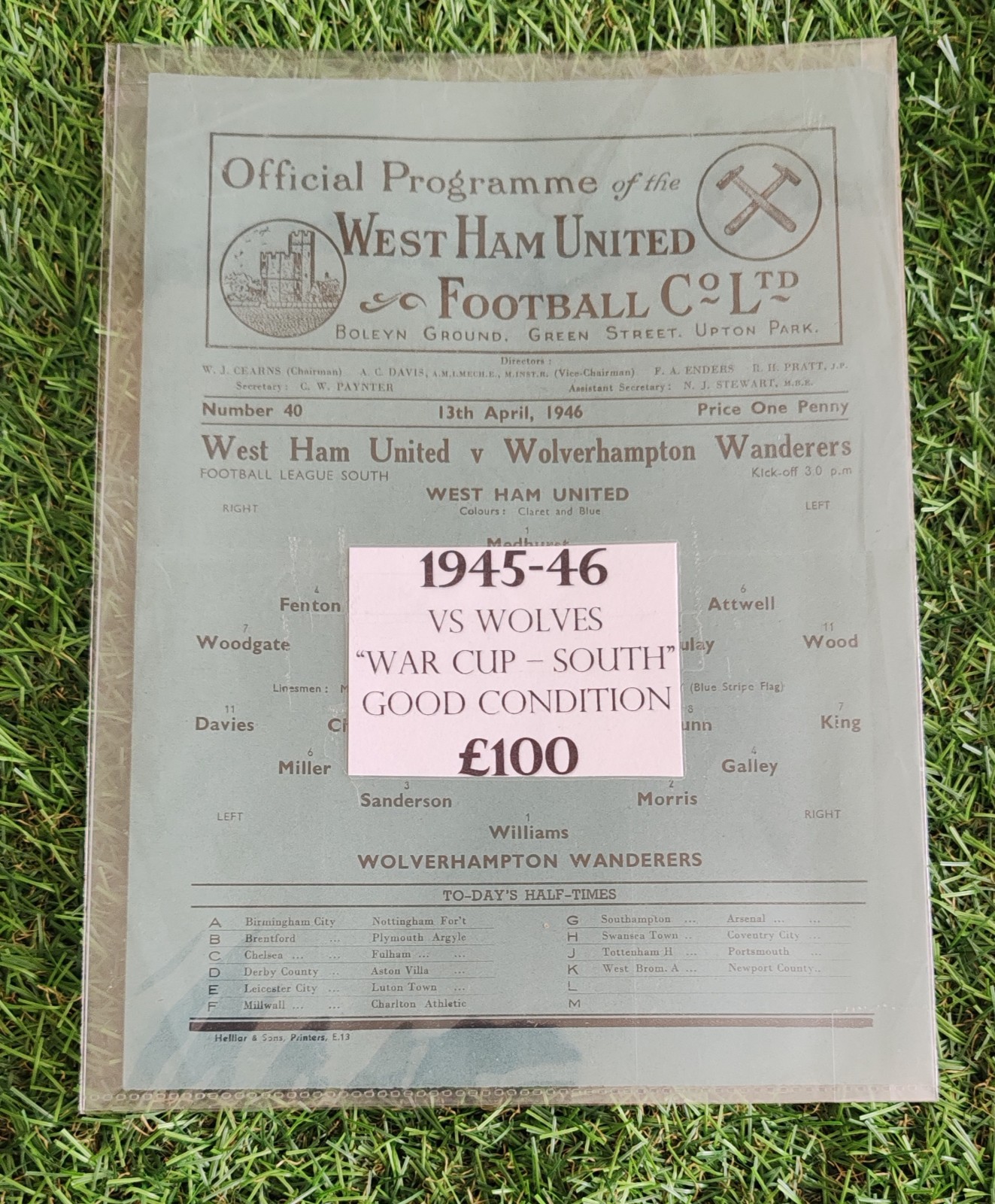 West Ham United V Wolves War Cup Rare Blue Football Programme 1945/46 South