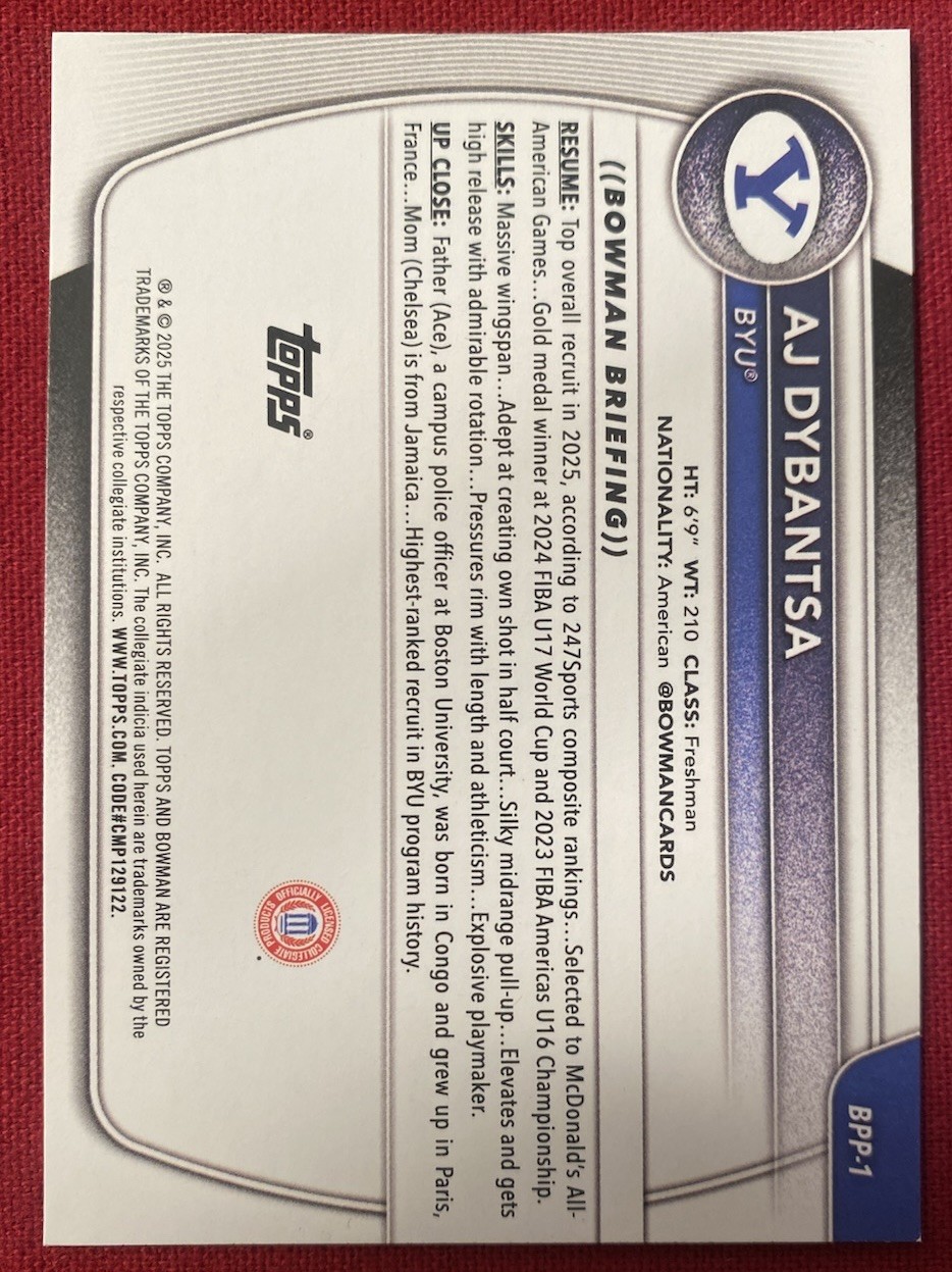 2025-26 Bowman AJ Dybantsa 1st Prospect Rookie BYU NBA Draft BPP-1 w/Top Loader