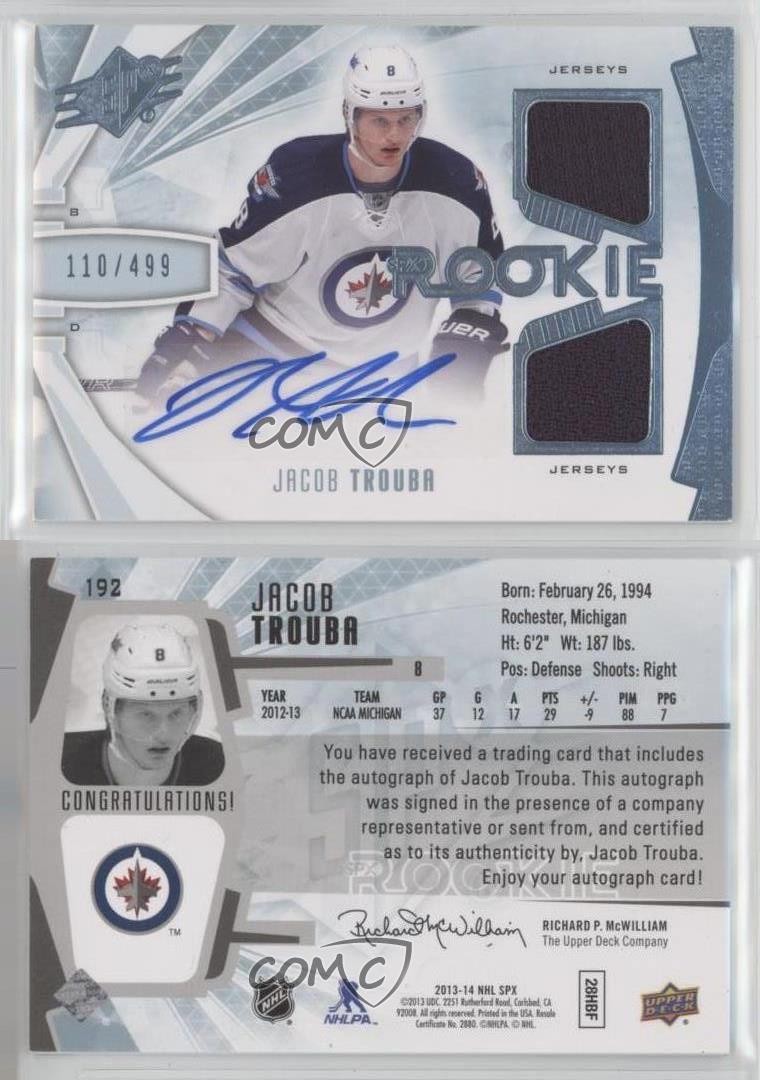 2013-14 SPx 110/499 Jacob Trouba #192 Rookie Auto RC 0m8f