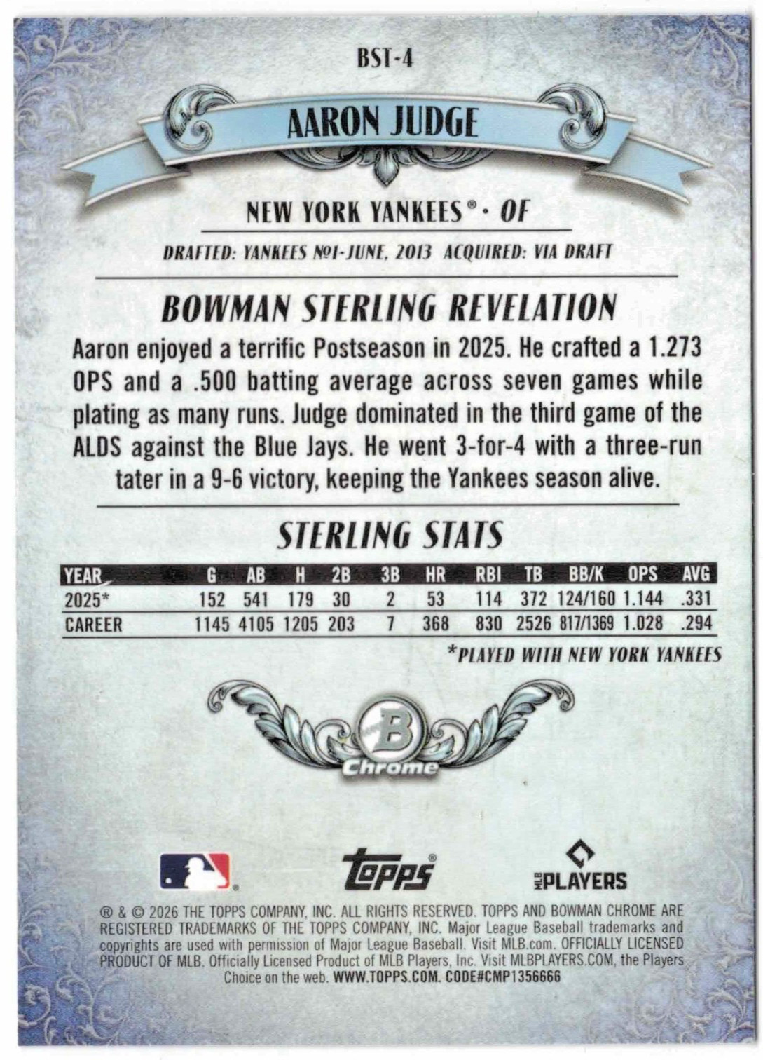 Topps 2026 Bowman Sterling Mojo Refractor AARON JUDGE BTS-4 Yankees