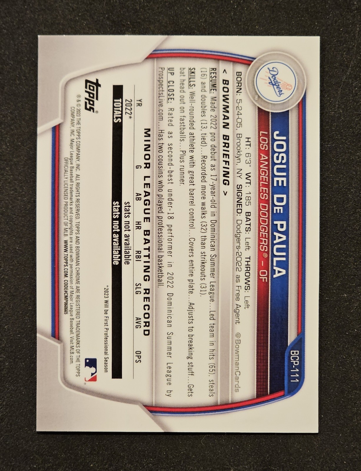 2023 Bowman Chrome Josue De Paula Gold Refractor /50 #BCP111