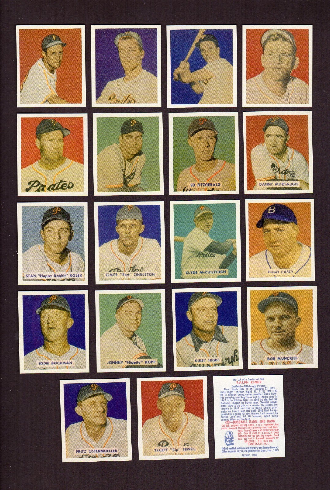 1949 Bowman Gum PITTSBURGH PIRATES Complete Team REPRINT~1988 Set ~ ALL 18 cards