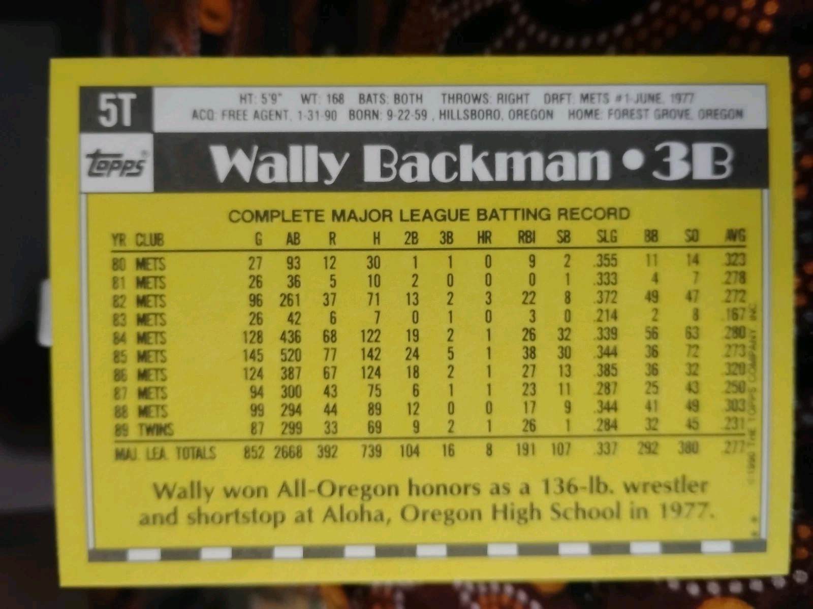 Wally Backman – 1990 Topps Treated (Tiffany) Baseball