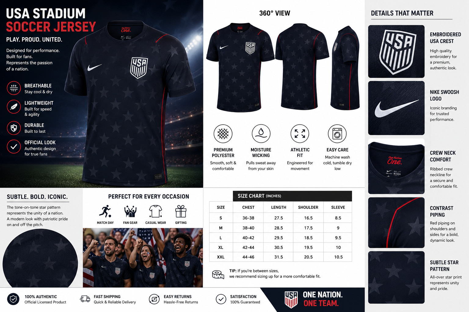 USA Soccer Jersey Navy Blue Stars Design Football Fan Shirt Lightweight Performa