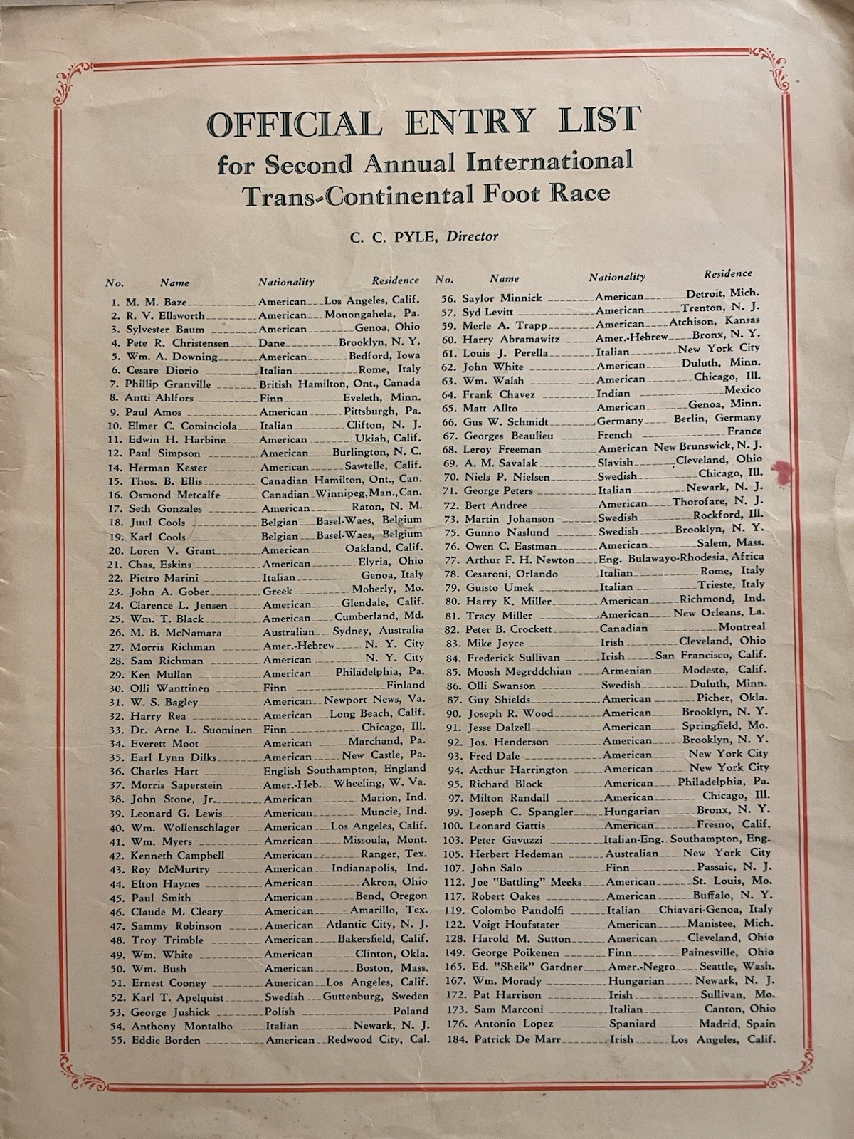 1929 C.C. Pyle’s Second Annual International Trans-Continental Foot Race Program