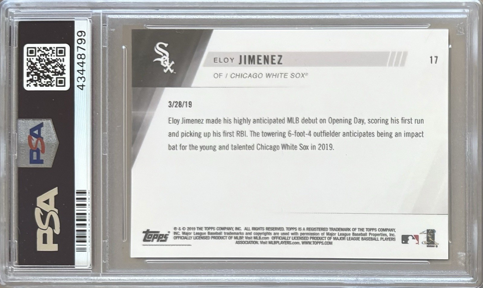 2019 TOPPS NOW #17 ROOKIE ELOY JIMENEZ PSA 10 GEM MT WHITE SOX DEBUT