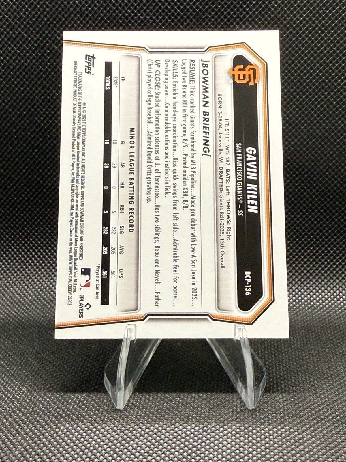 2025 Bowman Chrome Draft Sapphire Edition – Gavin Kilen #BDC-40 (RC)