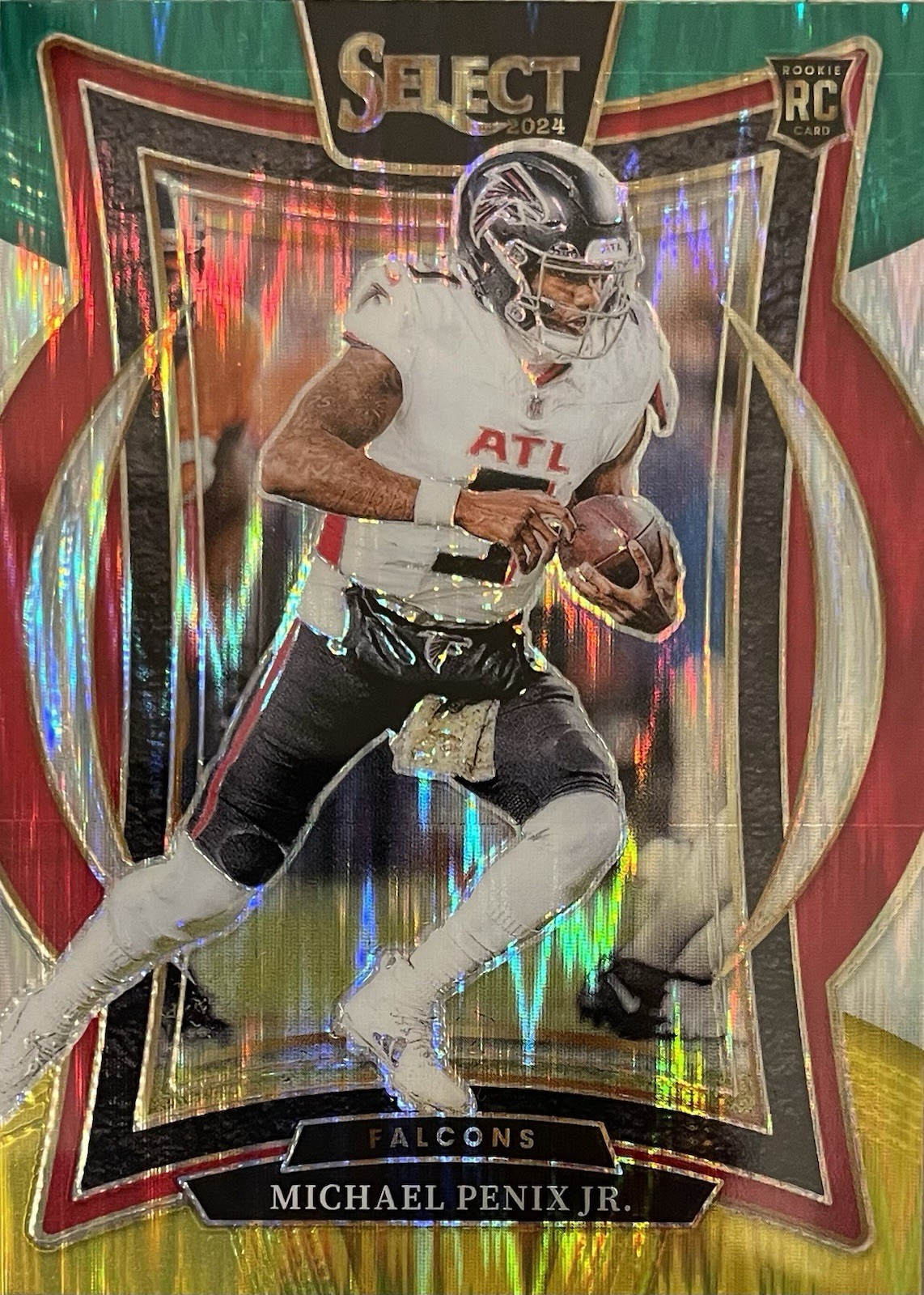 2024 PANINI SELECT # 80 MICHAEL PENIX JR GREEN, WHITE, AND YELLOW PRIZM SHOCK