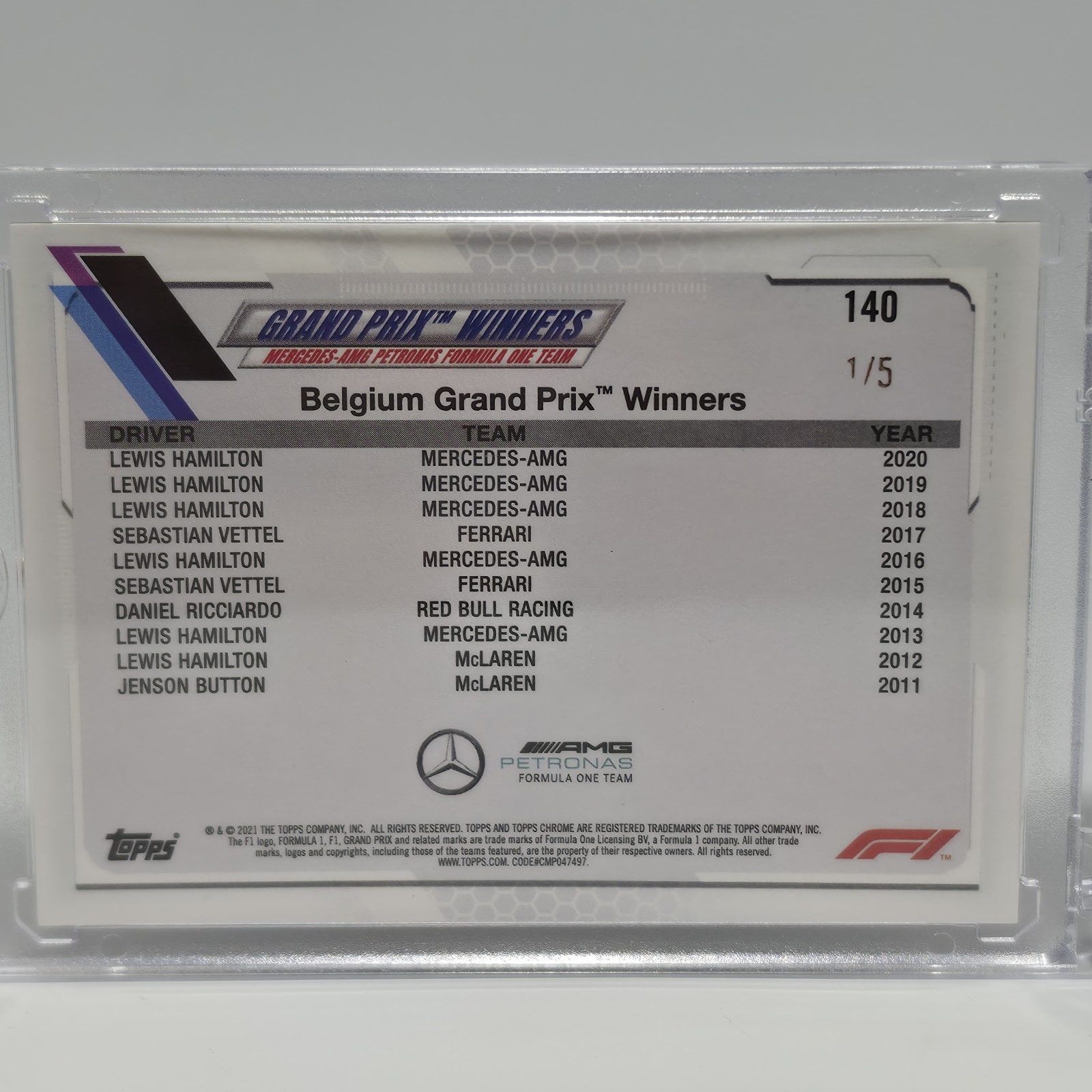 2021 Topps Chrome F1 Lewis Hamilton 1/5 RED WAVE REFRACTOR 1/5 #140 Alpha RARE