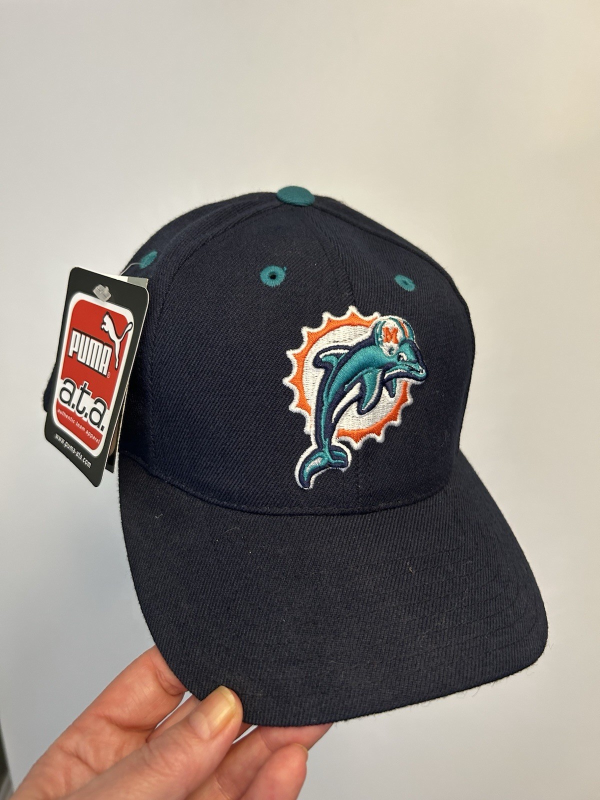Vintage 90s Miami Dolphins Puma NFL Snapback Hat Navy Blue NOS Logo Cap Football