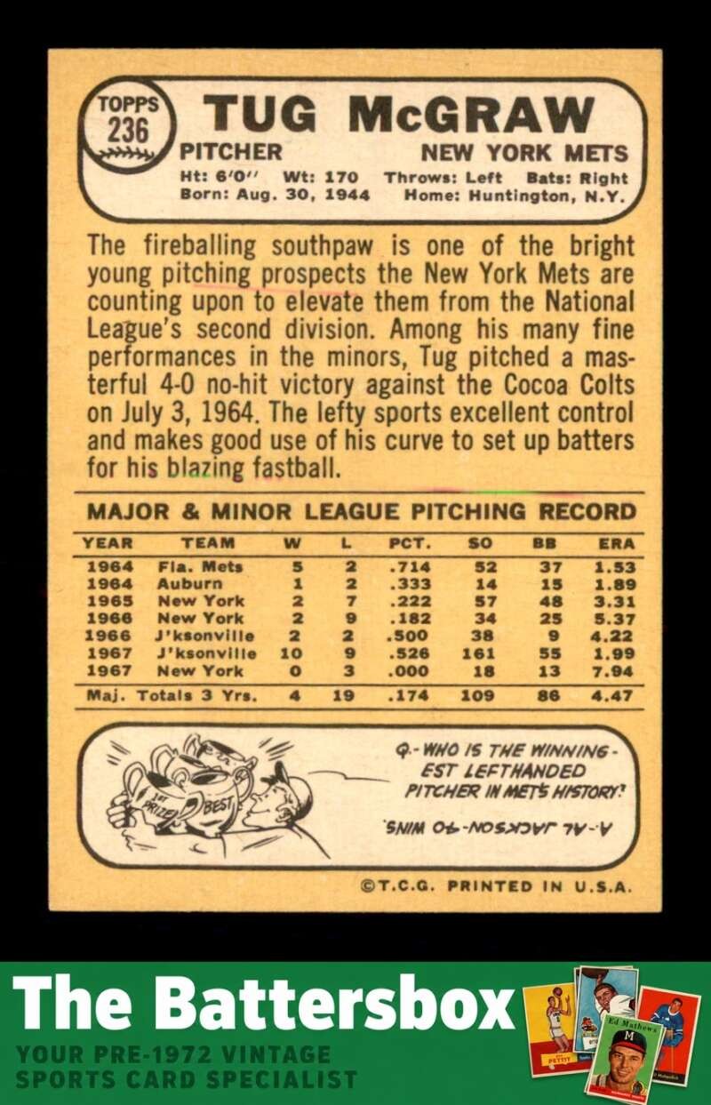 1968 Topps #236 Tug McGraw NM X3774461