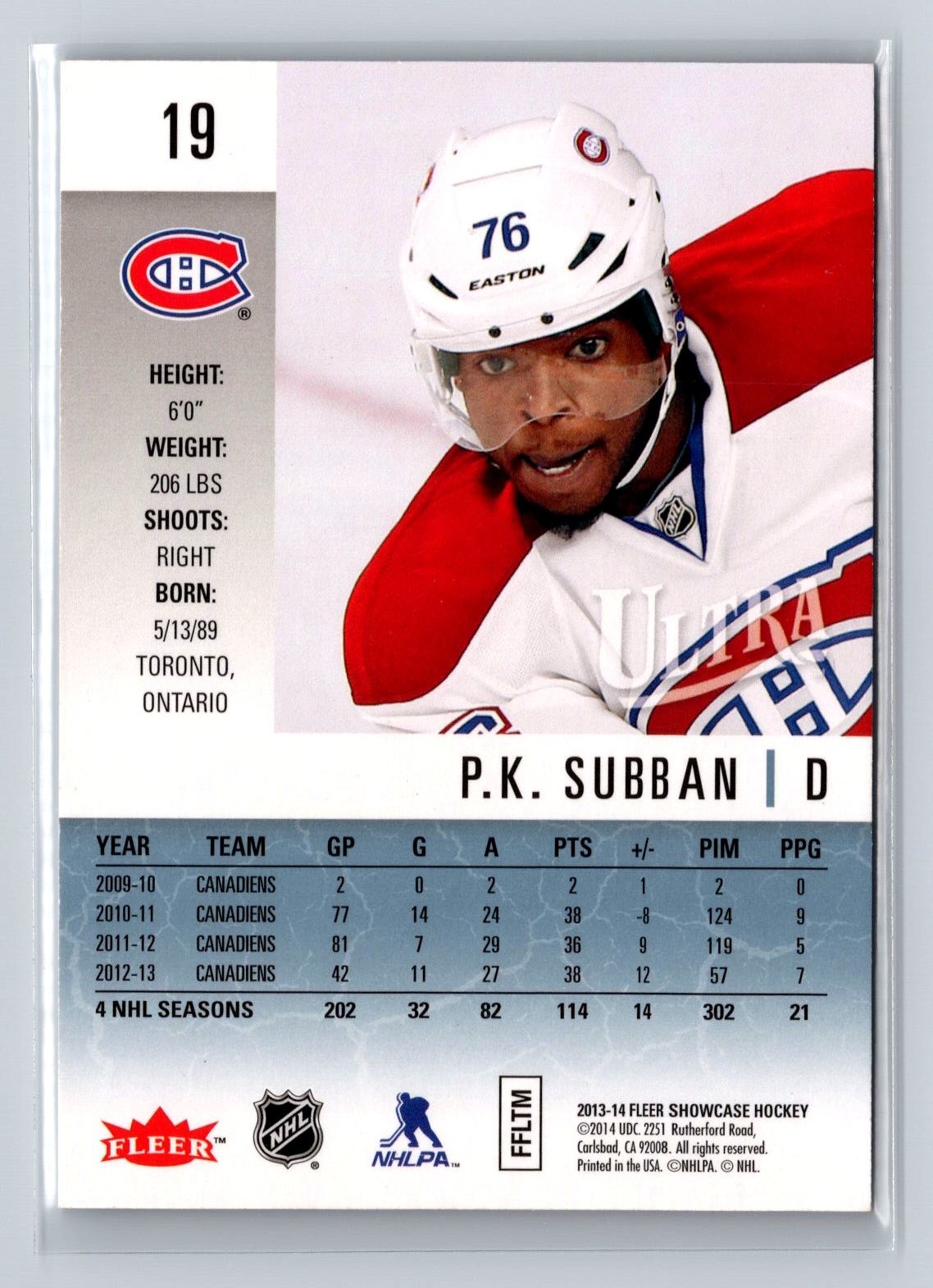 2013-14 Fleer Showcase Ultra Platinum Medallion #19 P.K. SUBBAN 09/25 CANADIENS