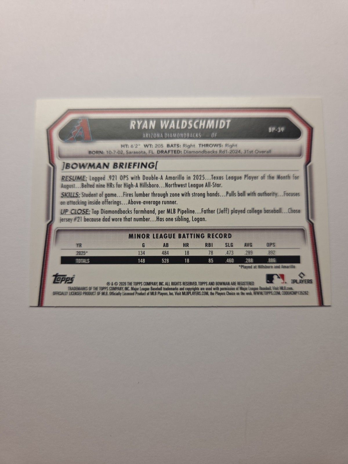 2026 Bowman Ryan Waldschmidt Gold Paper /50