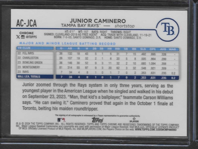 2024 Topps Chrome BLUE Refractor AUTO Autograph JUNIOR CAMINERO /150 RC Rookie