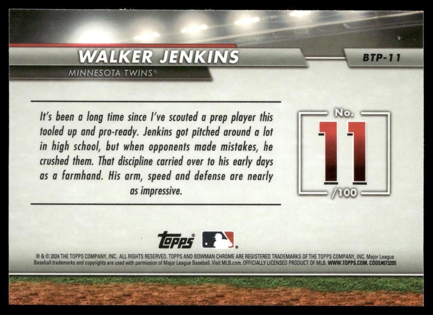 2024 Bowman #BTP-11 Walker Jenkins Bowman Scouts’ Top 100