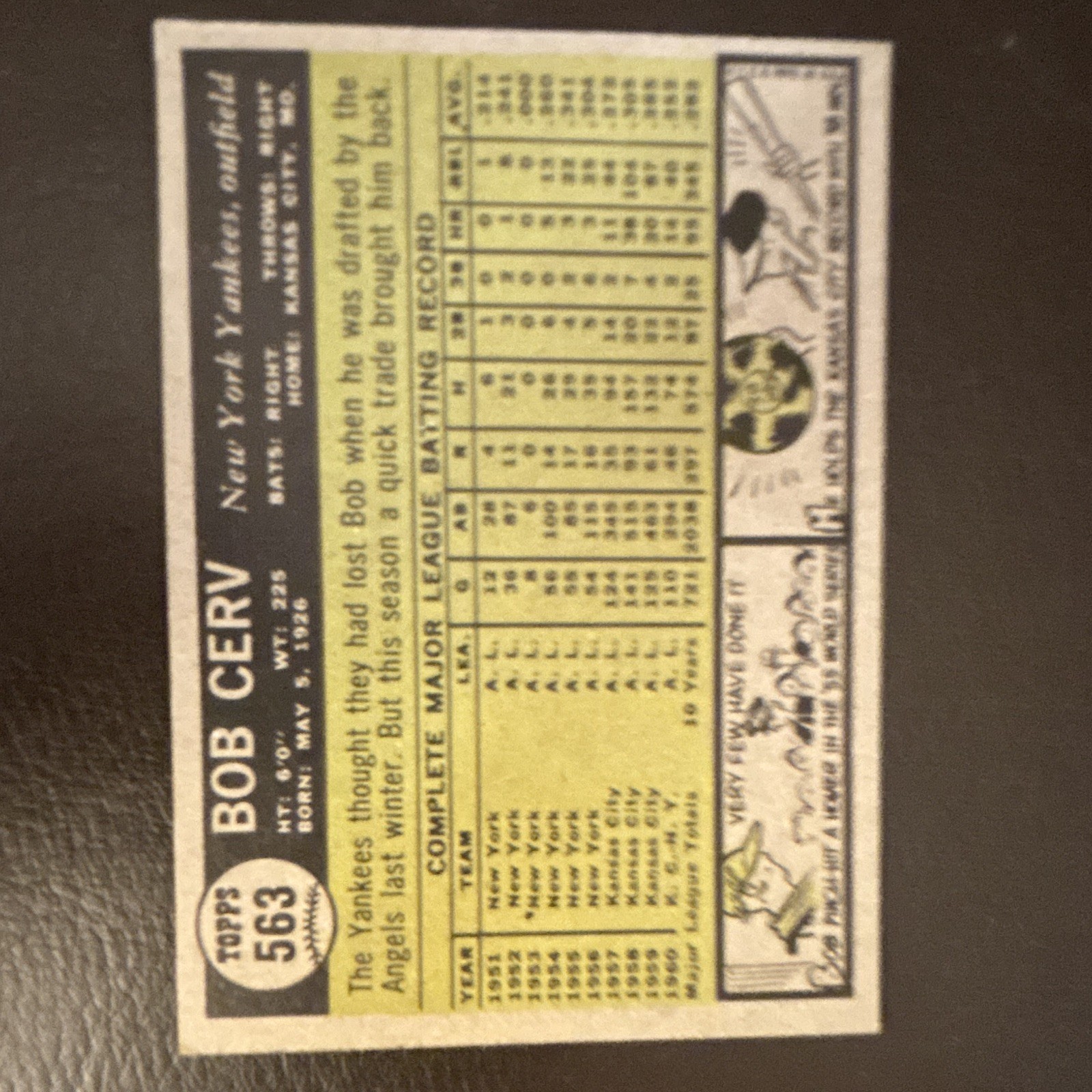 Topps Vintage Base Set 1958 Topps Bob Cerv #563 New York Yankees Card