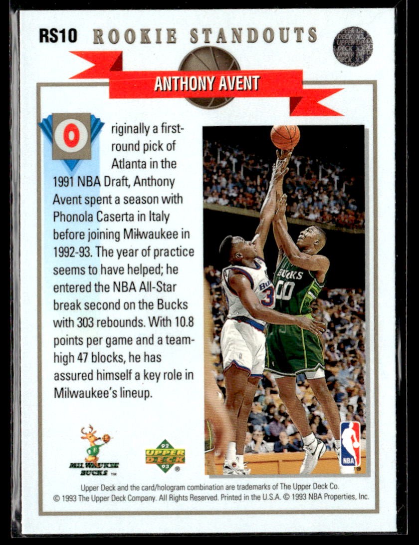 1992-93 Upper Deck #RS10 Anthony Avent Rookie Standouts Basketball Card 2702A