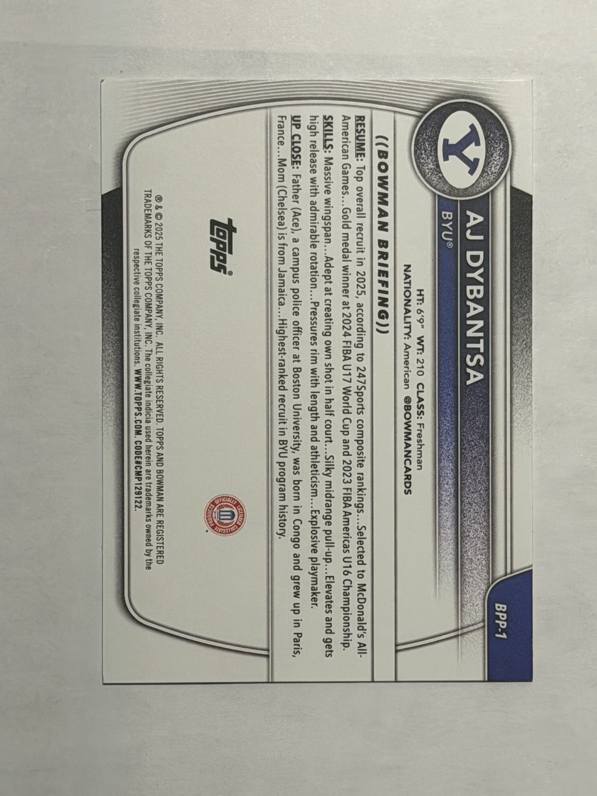 2025-26 Bowman Basketball #BPP-1 AJ Dybantsa Paper 1st Bowman BYU Cougars