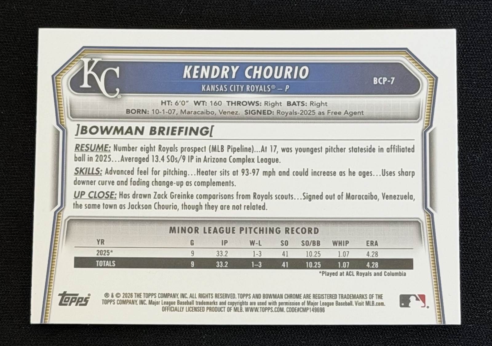 2026 Bowman Baseball Kendry Chourio Blue Mojo /150 1st Bowman #BCP-7 Royals