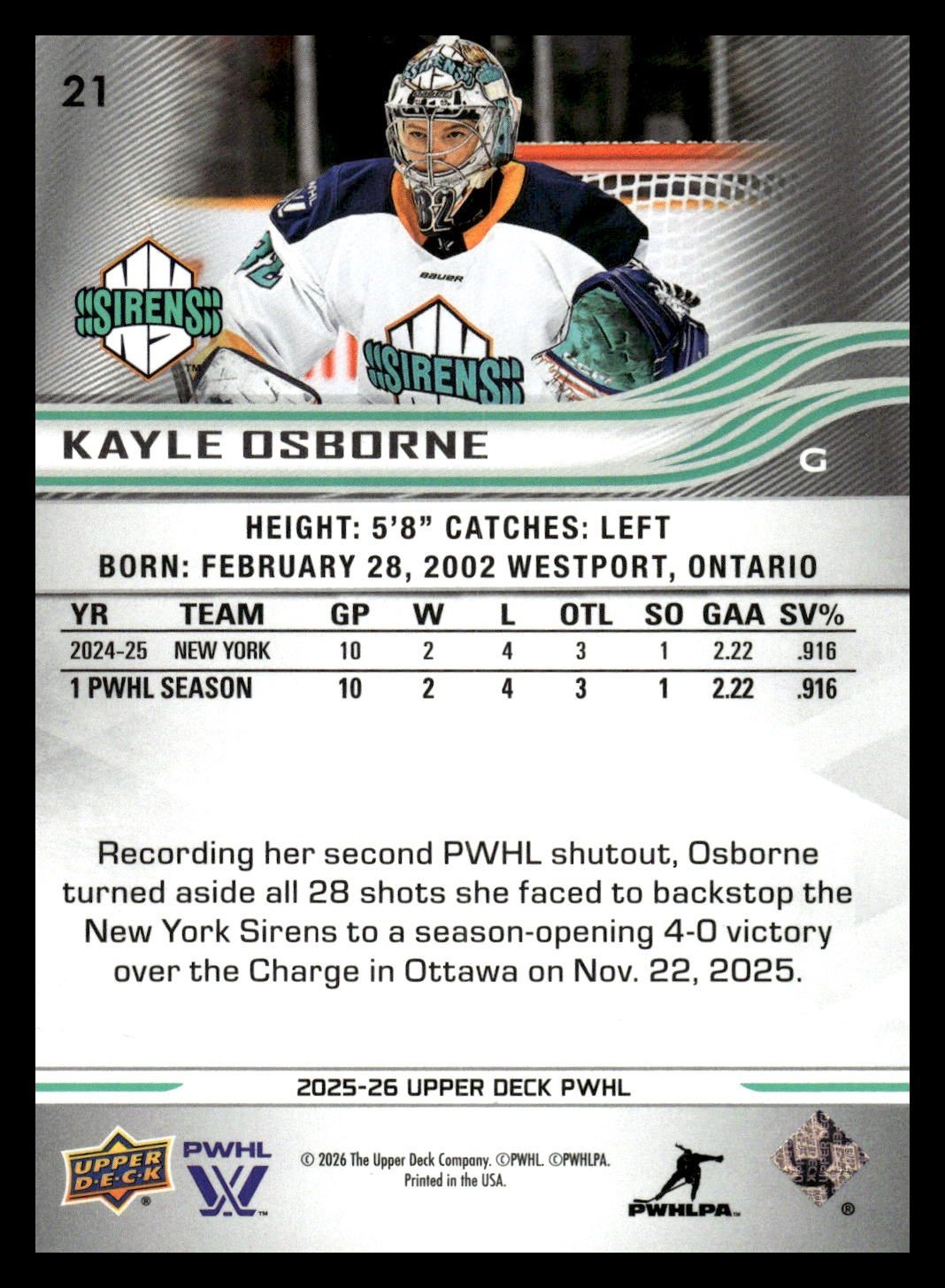 Kayle Osborne New York Sirens 2025-26 PWHL Upper Deck Hockey #21