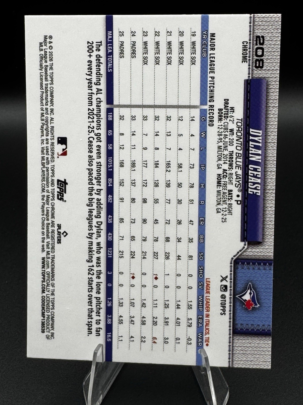 2026 Topps Chrome Baseball – Dylan Cease #208 Baseball Seams Refractor