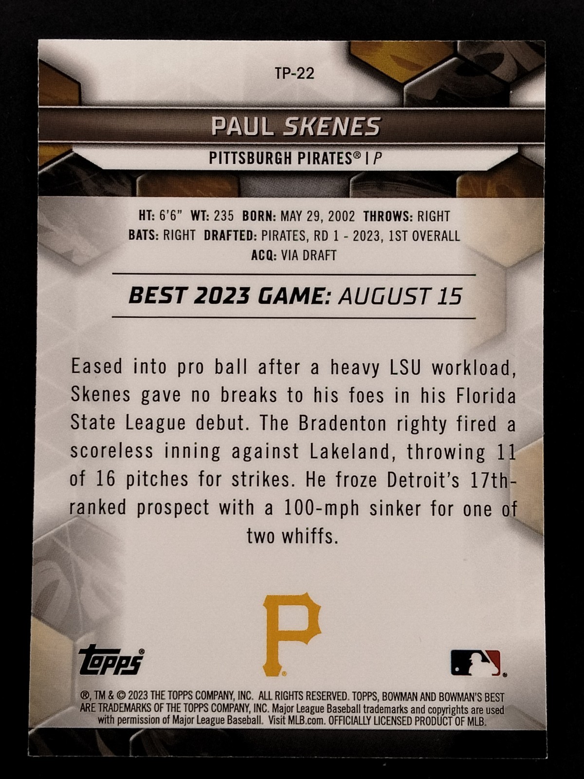 2023 Bowman’s Best Paul Skenes Top Prospects #TP-22 Pittsburgh Pirates Star