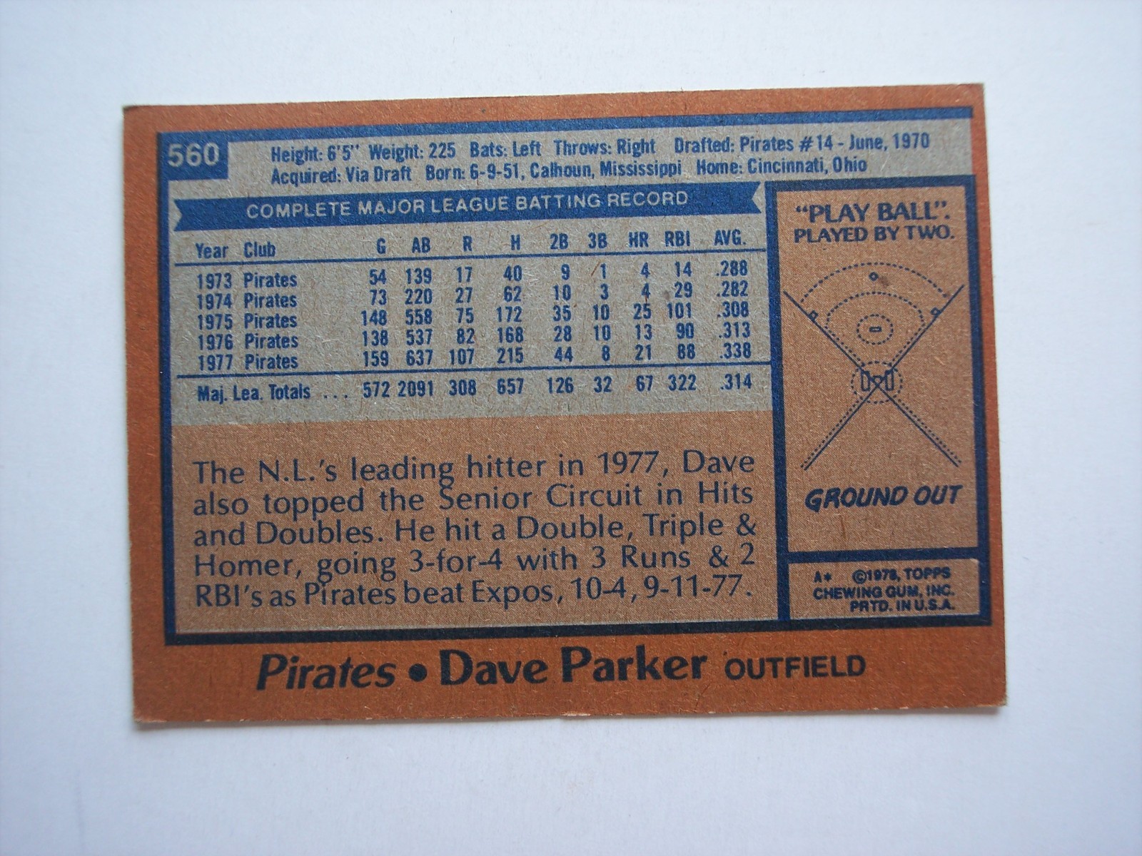 1978 Topps baseball HOF Dave Parker card #560 VG