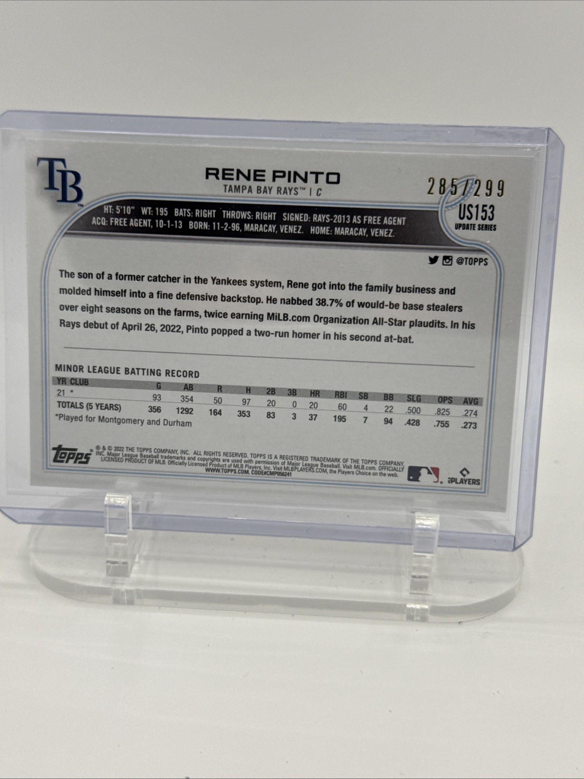 2022 Topps Update Series – Rene Pinto #US153 Orange Foil /299 (RC)