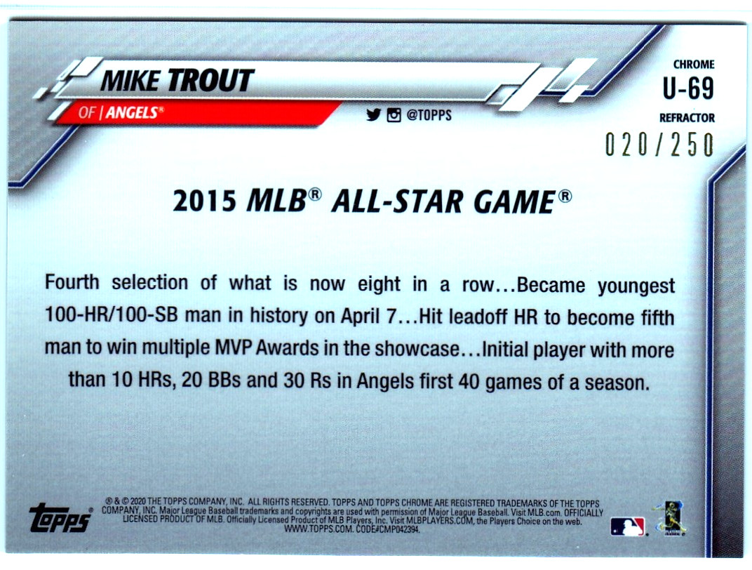 2020 Topps Chrome Update Refractor Mike Trout #020/250 *ANGELS*