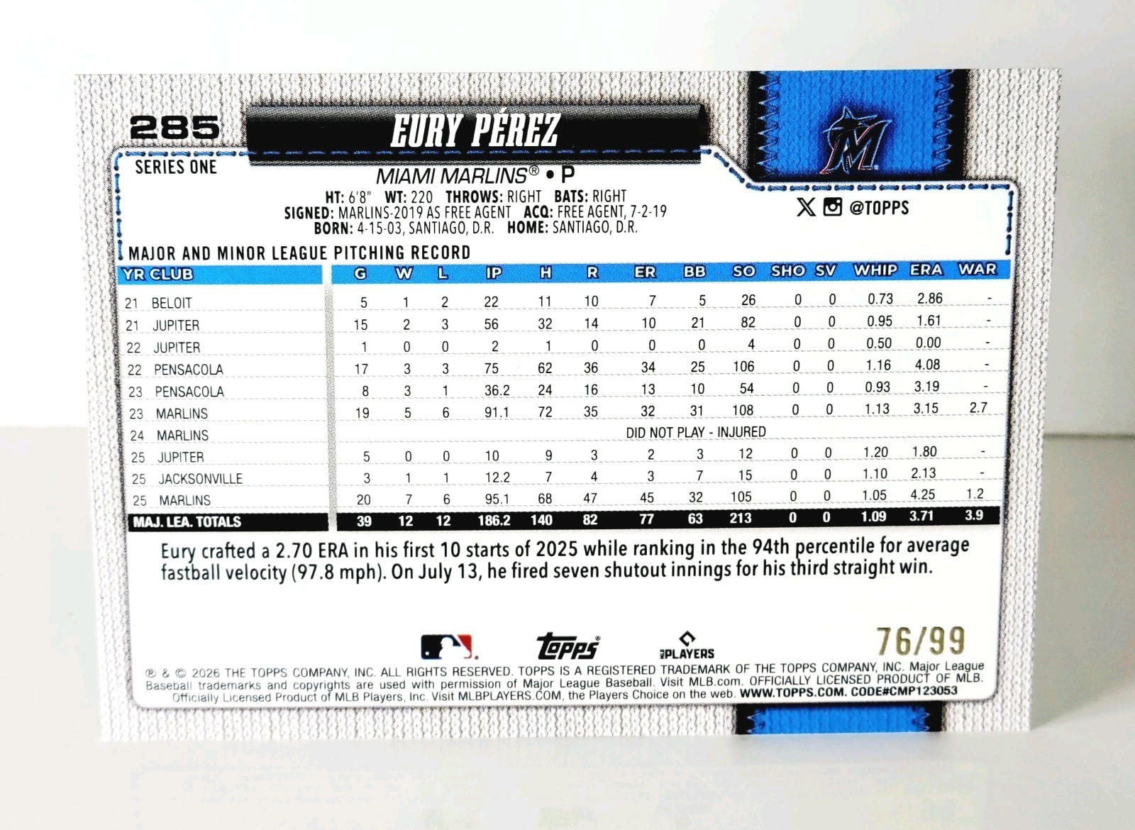 2026 Topps Series 1 #285 Eury Perez-Green Spring Training Parallel SP /99 Miami.