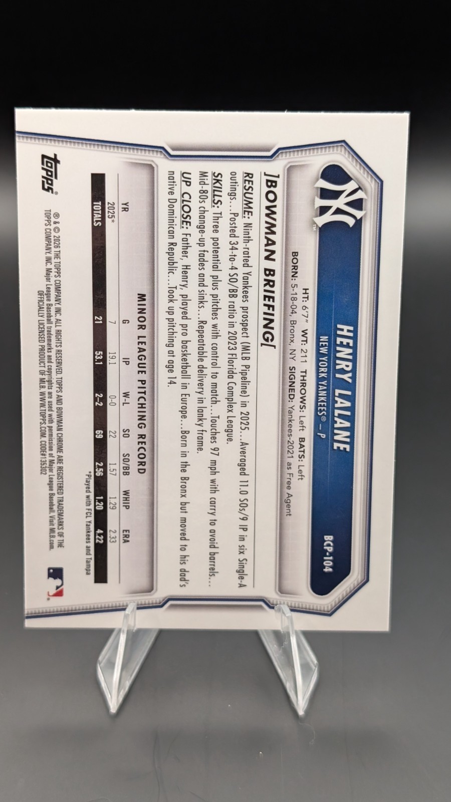 2026 Bowman Chrome Sapphire Henry Lalane New York Yankees 1st – Base