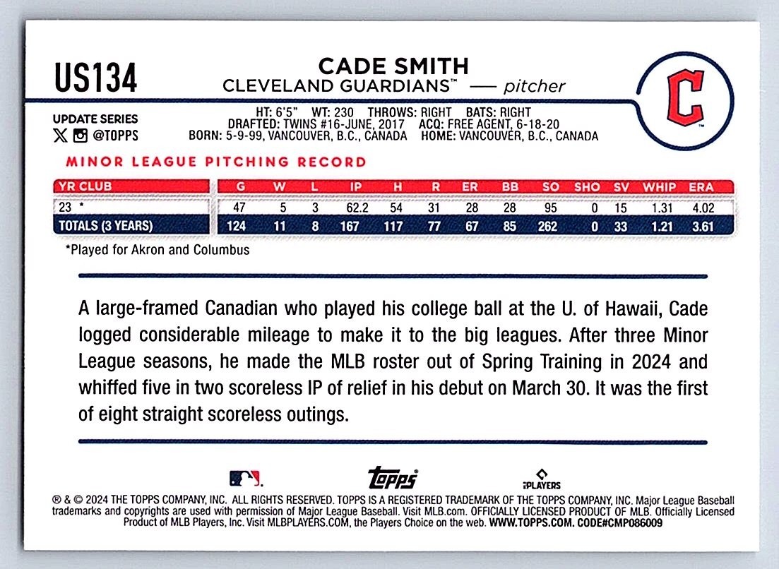 CADE SMITH GUARDIANS RC 2024 TOPPS UPDATE #US134