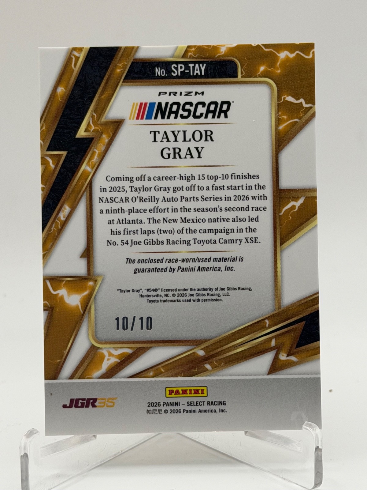 2026 Panini Select Racing Taylor Gray Gold Prizm Refractor Relic /10 Nascar