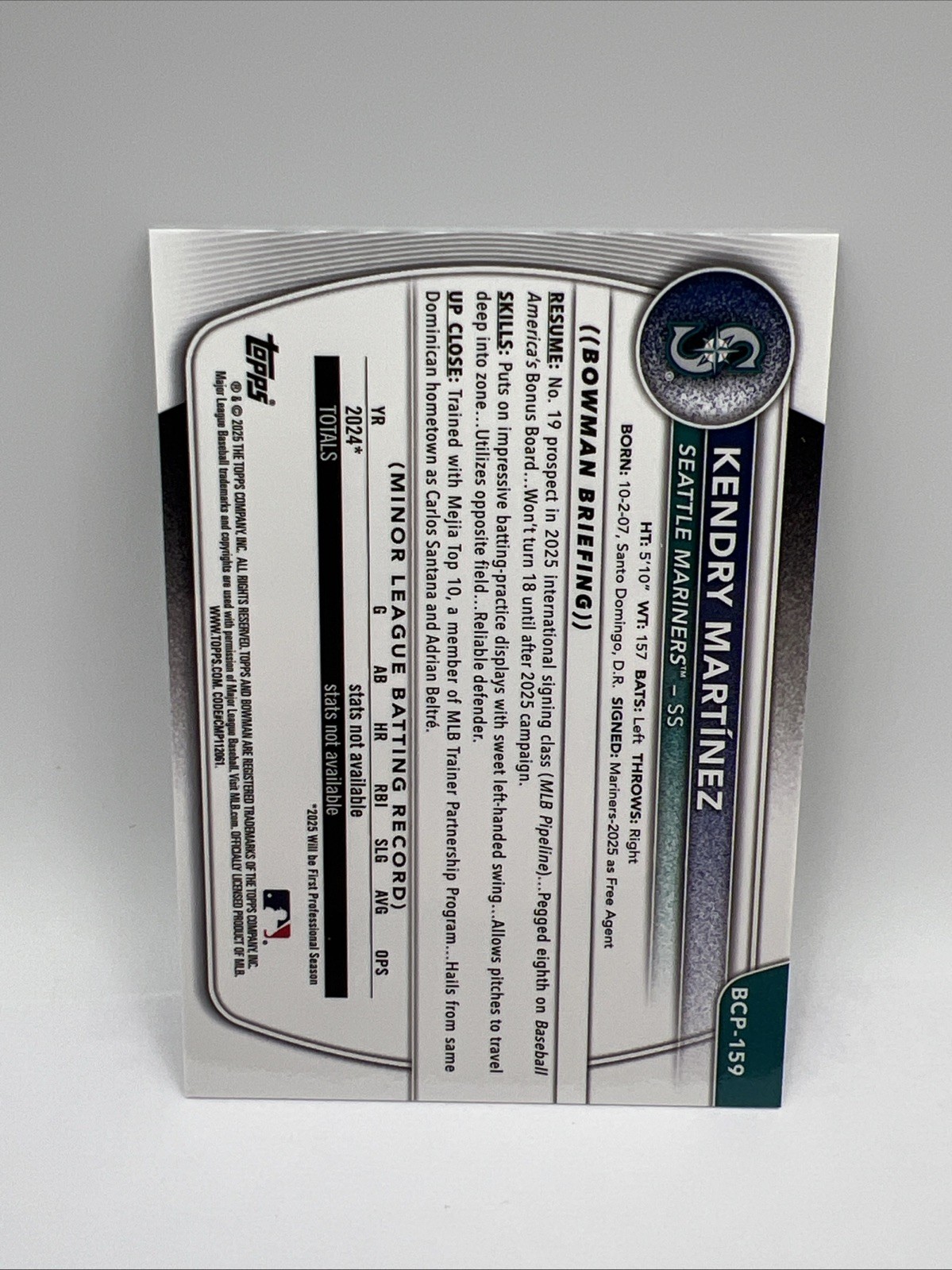 2025 Bowman Chrome 1st Kendry Martínez #BCP-159 Seattle Mariners /499