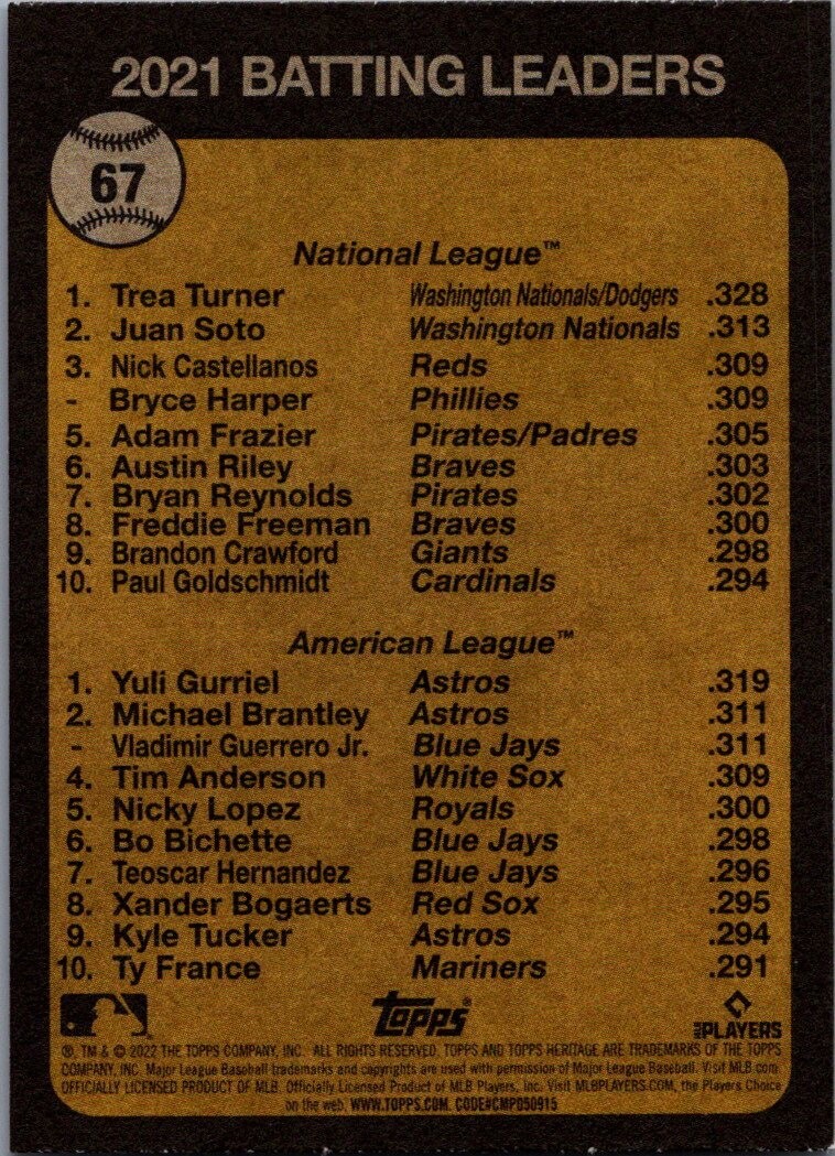 2022 Topps Heritage #67 Yuli Gurriel/Trea Turner