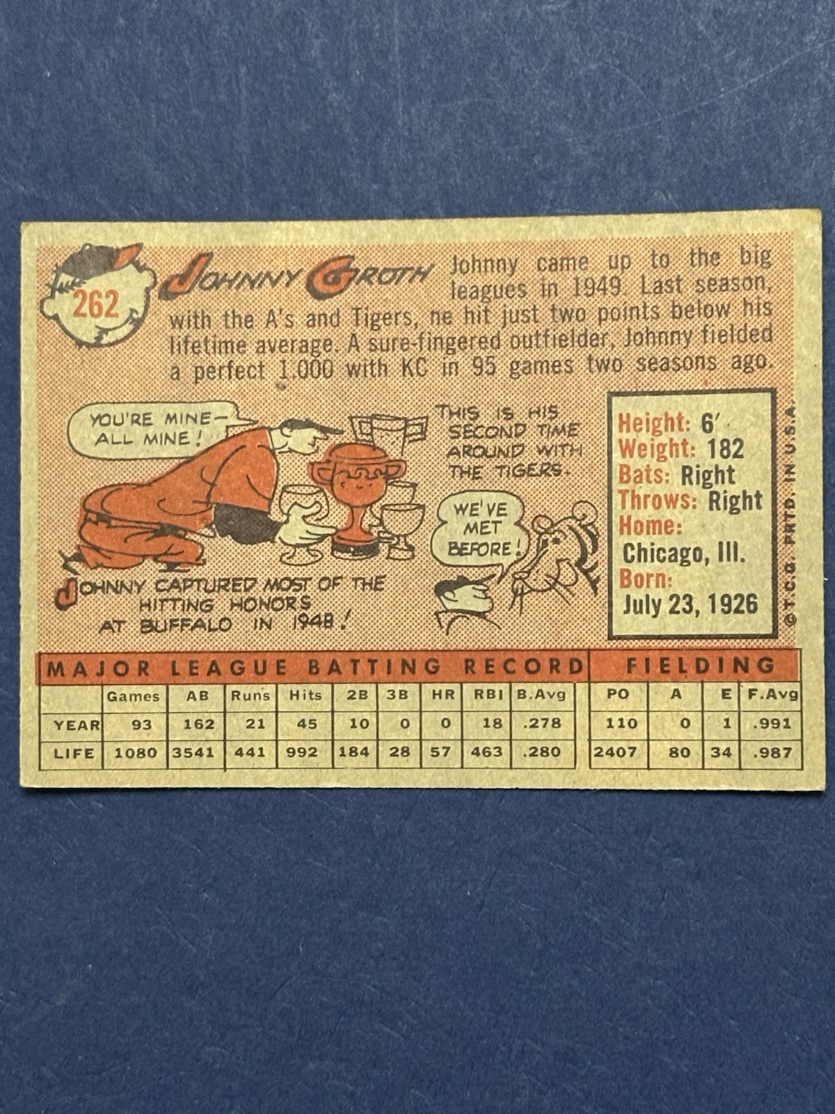 1958 Topps – Johnny Groth #262. Excellent Condition.