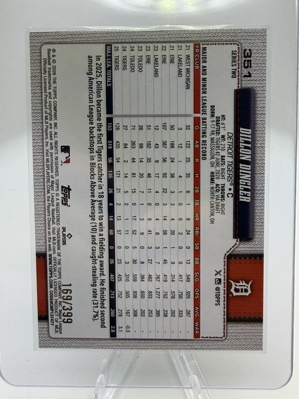 2026 Topps Series 2 – Dillon Dingler #351 Yellow Rainbow Foil /399 Tigers