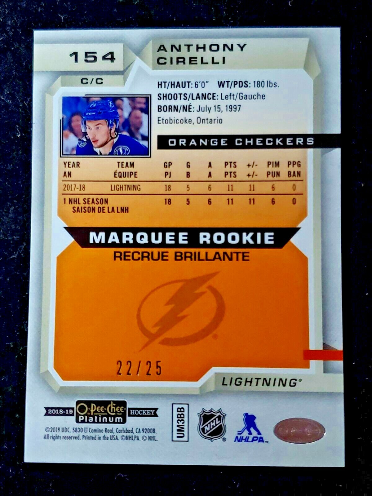2018-19 Anthony Cirelli Platinum Marquee Rookie Orange Checkers /25 Mint #154 🧡