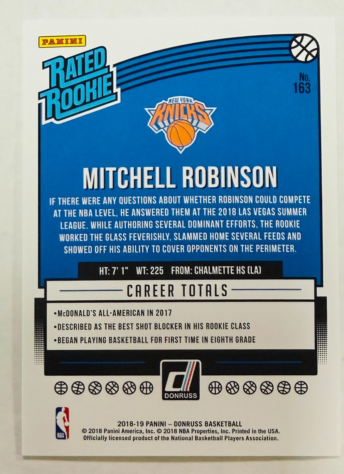 2018-19 Panini Donruss Mitchell Robinson Rated Rookie Card #163 New York Knicks