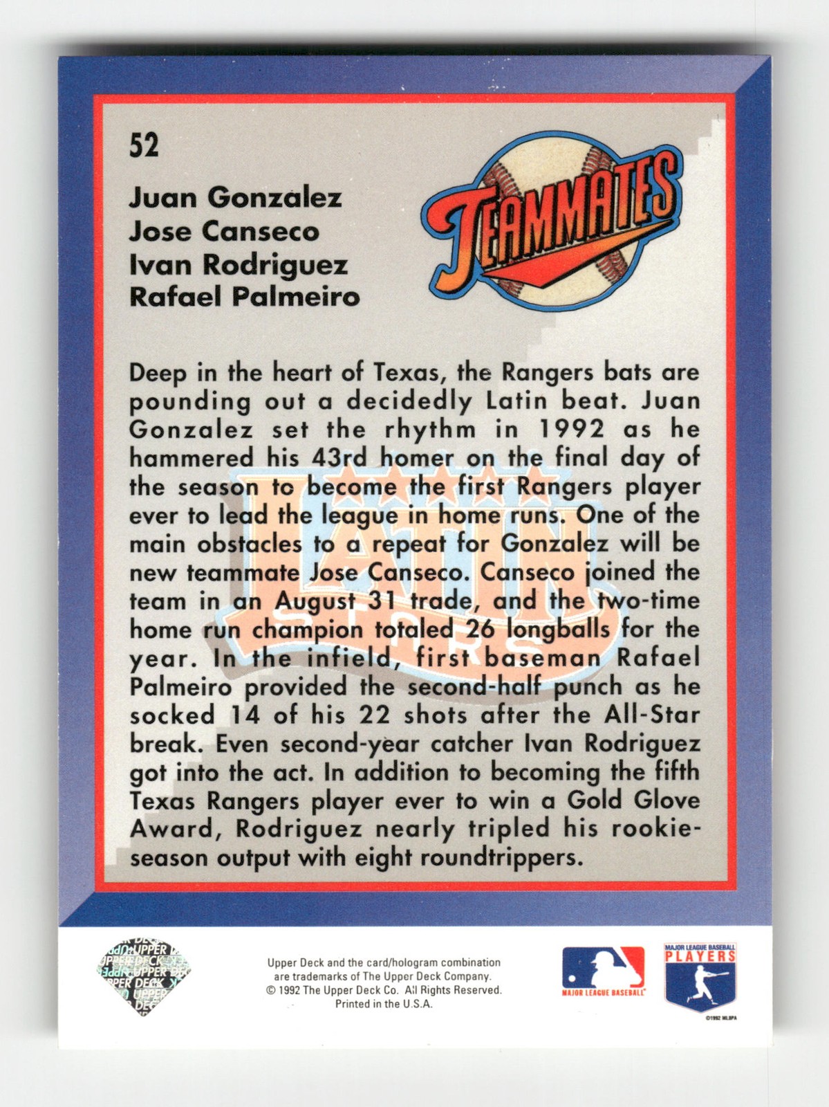 1993 Upper Deck Latin Stars JUAN GONZALEZ/JOSE CANSECO/IVAN RODRIGUEZ/RAFAEL PAL
