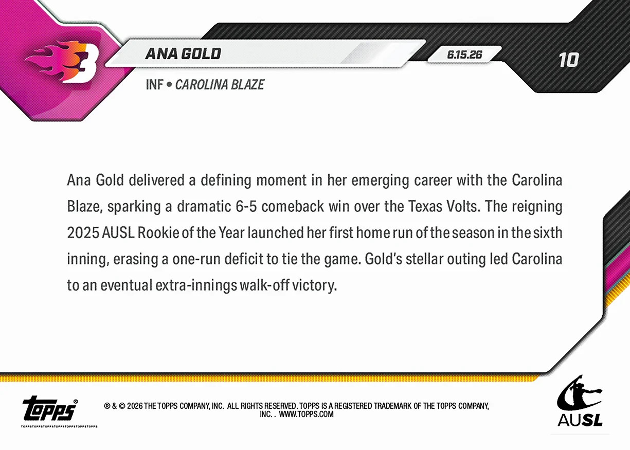 Ana Gold Reigning ROY 1st HR Comeback – 2026 AUSL Topps NOW – Card 10 Presale