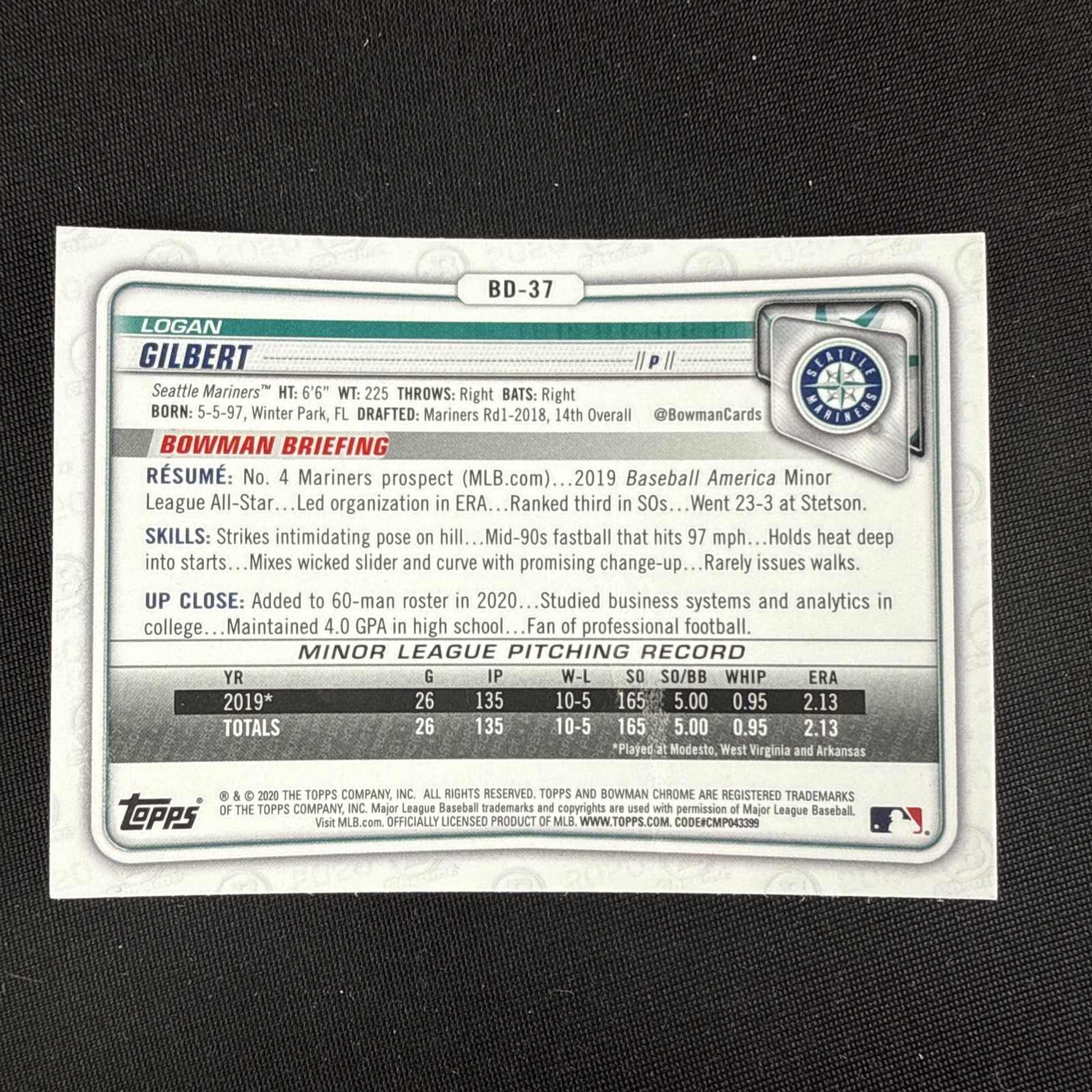 Logan Gilbert Rookie Card RC 2020 Bowman Draft Chrome Sapphire Edition #BD-37