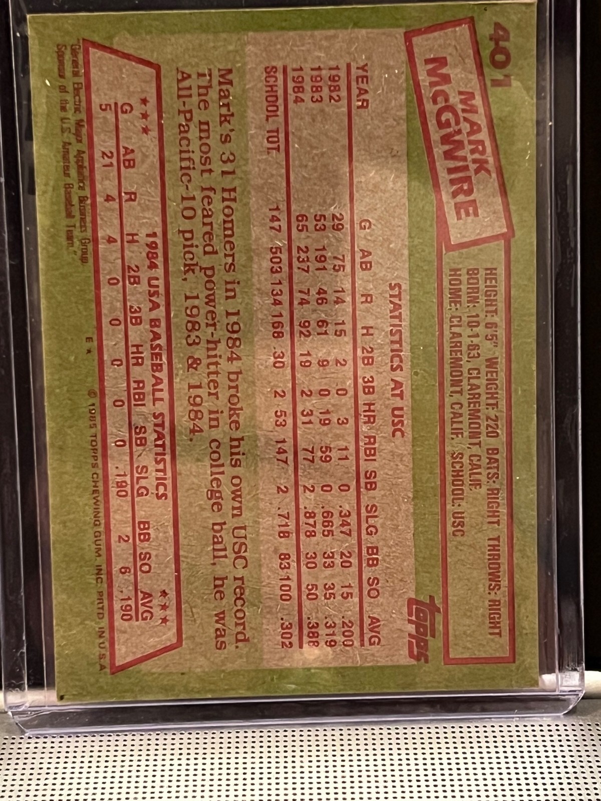 1985 Topps Mark McGwire RC TEAM USA OLYMPIC BASEBALL #401 CENTERED NRMT/MT